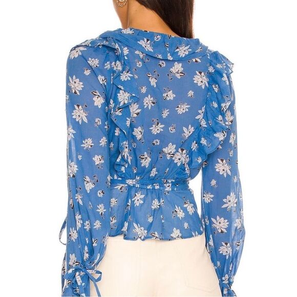 Free People Amanda Ruffle Detail Wrap-Style Blouse in Blue Floral XS - Picture 3 of 13